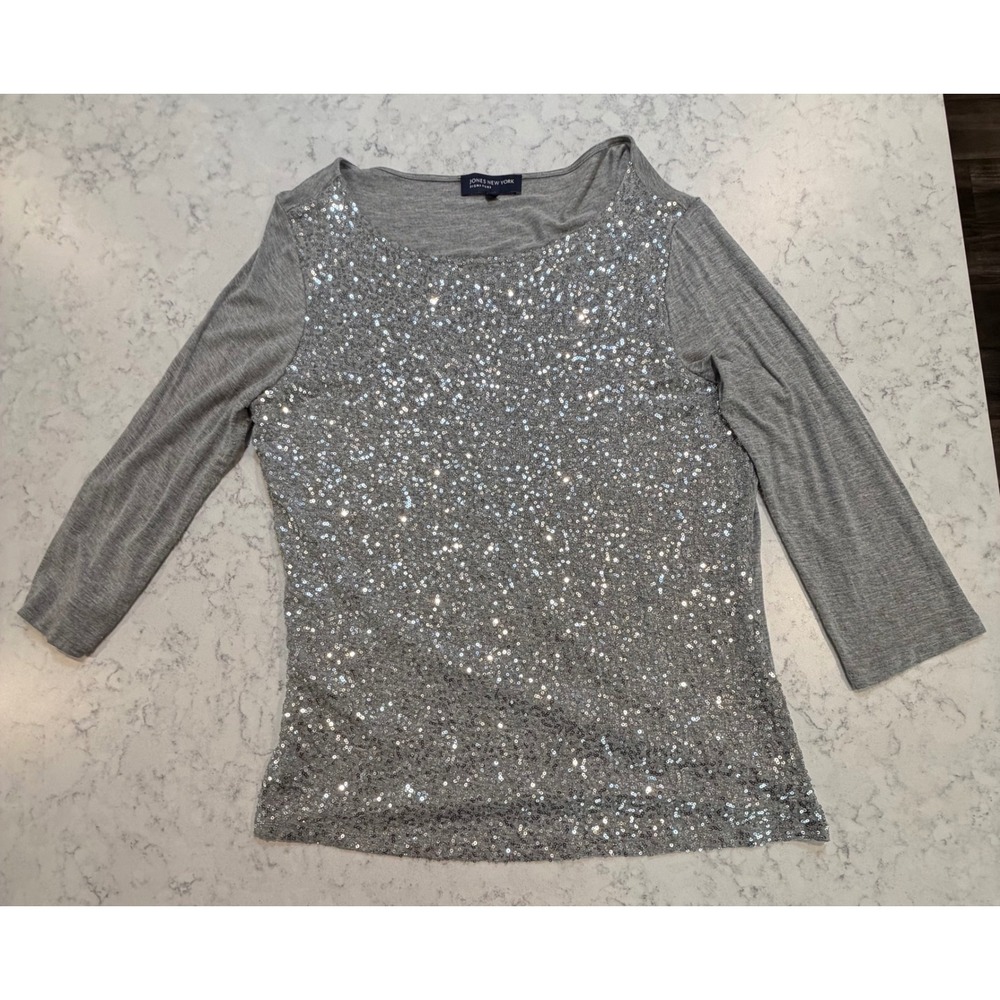 Jones‎ New York Signature Womens XL Grey Sequin Front 3/4 Sleeve Knit Top Scoop